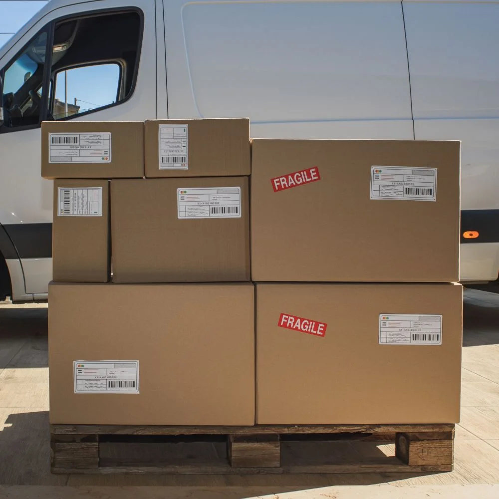 Stacked packages prepared for distribution.